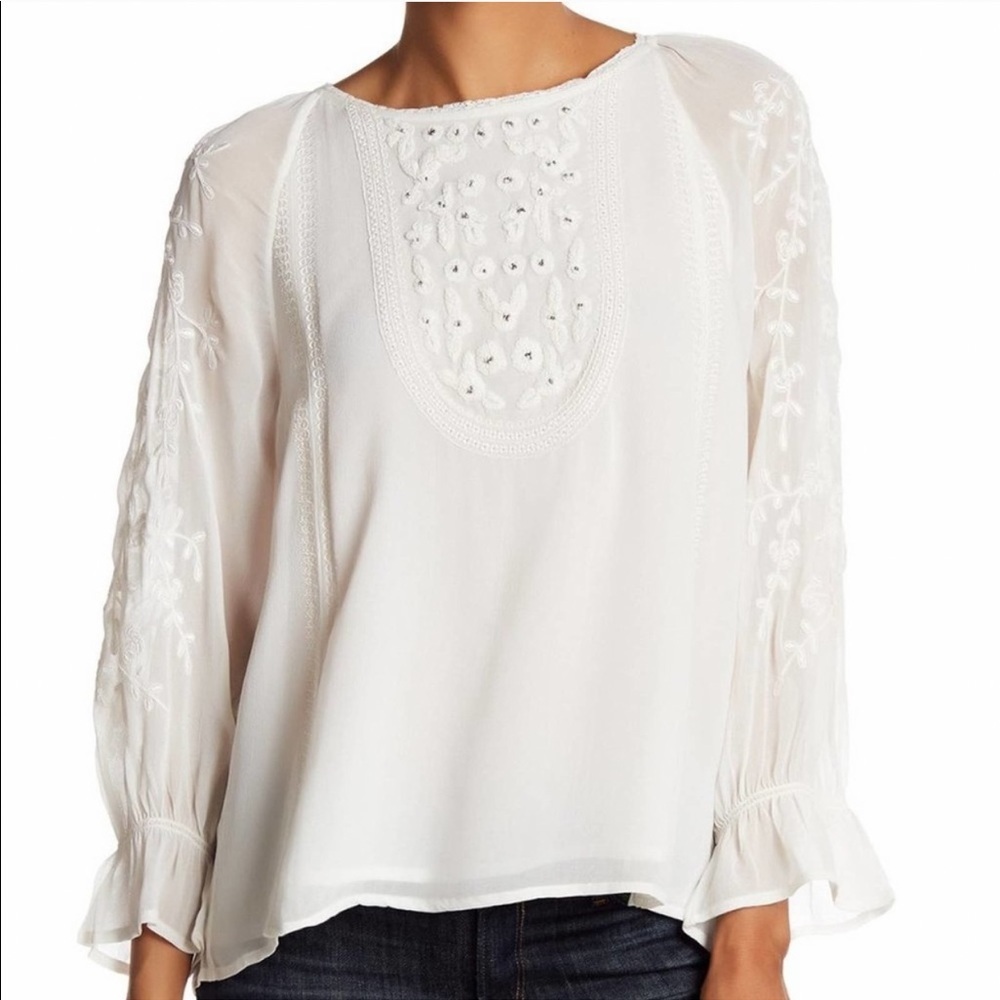 Joie White Sheer Embroidered Peasant Blouse Ruffle XS